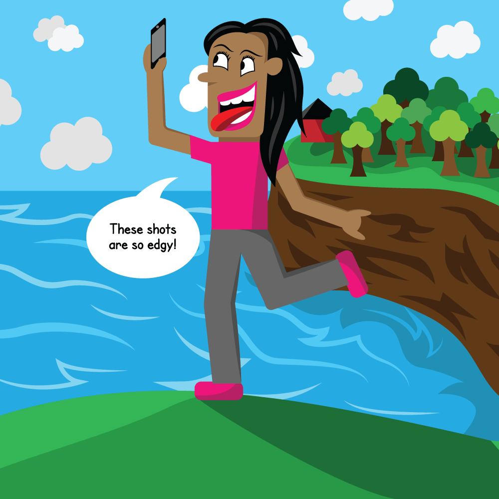 Girl stands at the edge of the cliff taking a selfie and says'These shots are so edgy!'